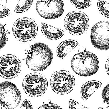 Vector tomato seamless pattern drawing. Isolated tomatoes and sl © Maria.Epine