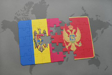 puzzle with the national flag of moldova and montenegro on a world map background.