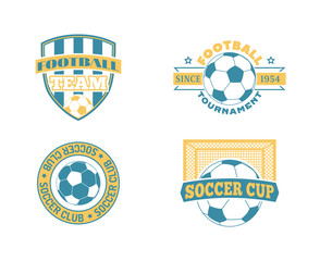 Naklejka premium Set of european football, soccer labels, emblems and design championship elements. Vector set of soccer logo football tournament icon symbol. Soccer logo team emblem badge sport competition.