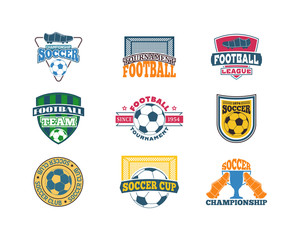 Set of soccer football badge logo design templates. Sport team identity football logo vector isolated on white background. Collection of soccer themed football logo graphics emblem game icon.