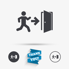 Emergency exit sign icon. Door with right arrow.