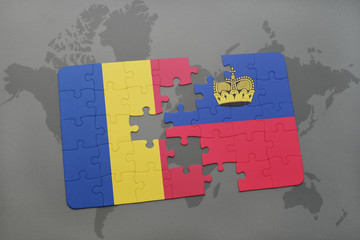 puzzle with the national flag of romania and liechtenstein on a world map background.