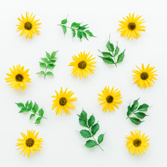 Yellow flowers. Flat lay. On white background