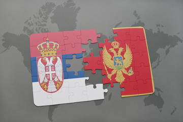 puzzle with the national flag of serbia and montenegro on a world map background.