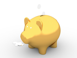 3d illustration of a gold piggy piggy with silver coins on white background.