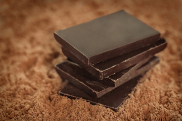 Chocolate pieces on cocoa powder background