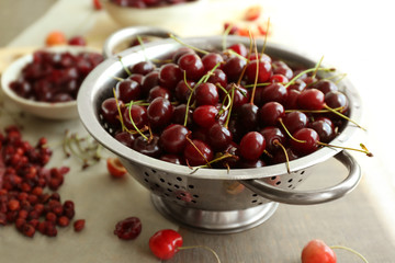 Heap of cherries on kitchen table