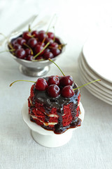 Delicious cherry cake on stand
