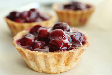 Delicious cherry cakes, closeup