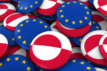 Greenland and Europe Badges Background - Pile of Greenlandic and European Flag Buttons 3D Illustration