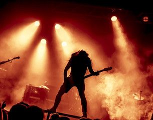 silhouette of guitar player in action on stage in front of concert crowd - obrazy, fototapety, plakaty