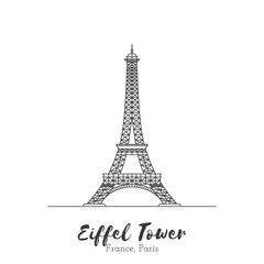 Paris, France. Eiffel Tower in black thin line isolated on white background. European landmark. Icon architectural monument and world tourist attraction. Black and white vector illustration.