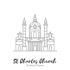 Vienna, Austria. St. Charles Church in black thin line isolated on white background. European landmark. Icon architectural monument and world tourist attraction. Black and white vector illustration.