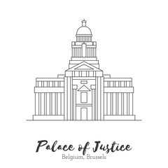 Brussels, Belgium. Palace of Justice in black thin line isolated on white background. European landmark. Icon architectural monument and world tourist attraction. Black and white vector illustration.