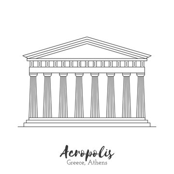 Athens, Greece. Acropolis in black thin line isolated on white background. European landmark. Icon architectural monument and world tourist attraction. Black and white vector illustration.