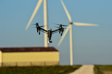 Fototapeta na wymiar Drone wind farm monitoring Champagne, France