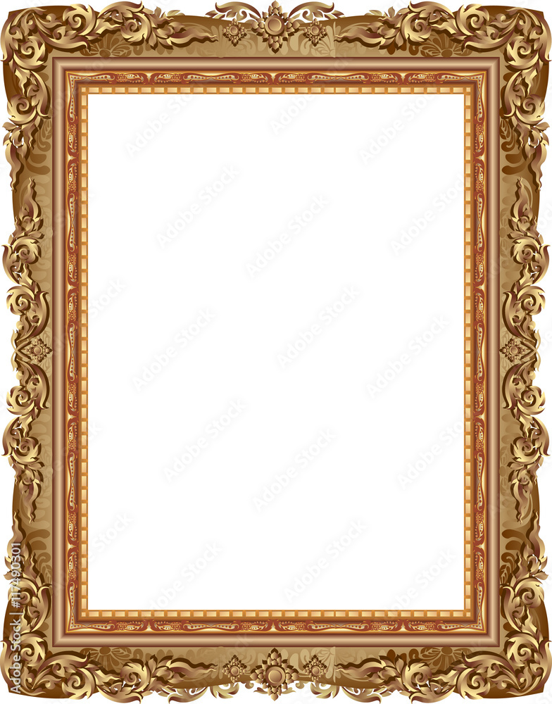 Poster Gold photo frame with corner line floral for picture, Vector design decoration pattern style.frame floral border template,wood frame design is patterned Thai style.frame gold metal beautiful corner.