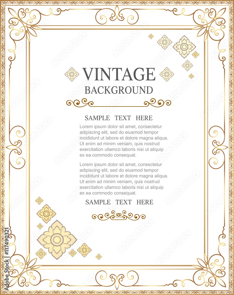 Poster gold photo frame with corner line floral for picture, vector design decoration pattern style.frame f