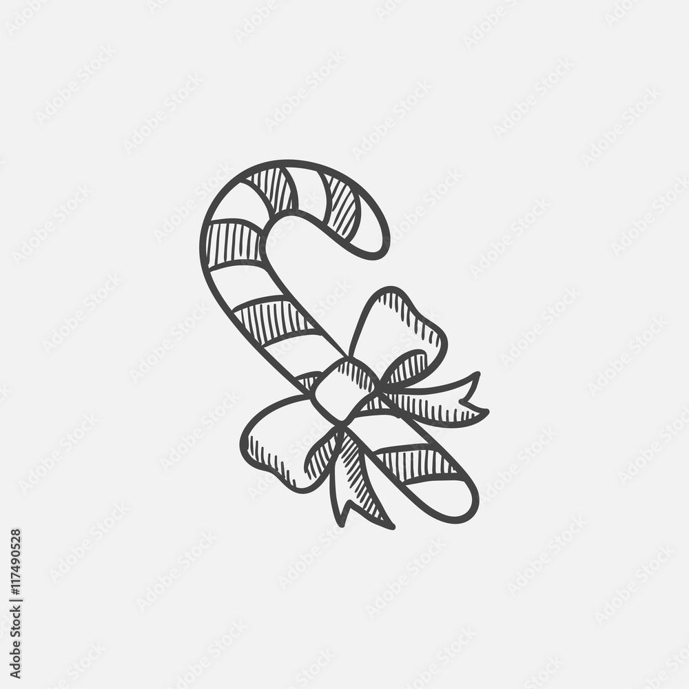 Sticker candy cane with christmas decoration sketch icon.