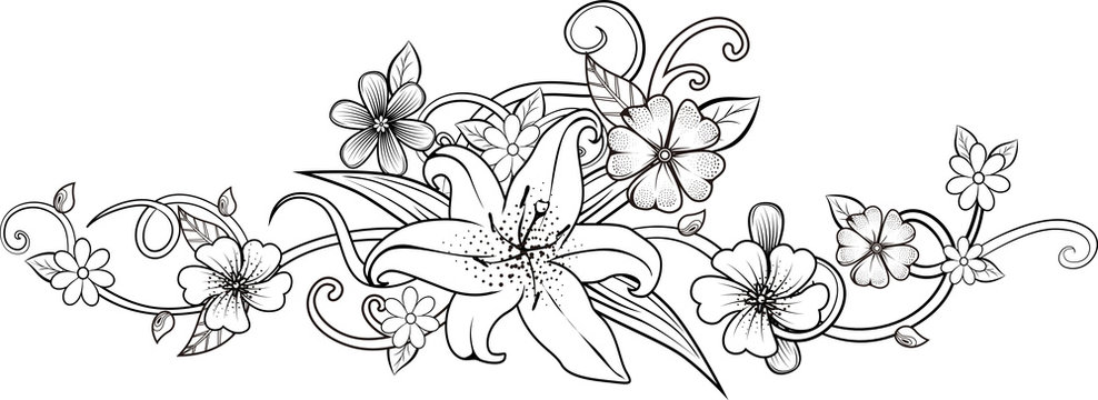 Beautiful floral element. Black-and-white flowers and leaves design element with imitation guipure embroidery.. Many similarities to the author's profile
