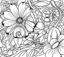 Vector set nature abstract elements in doodle style. Floral, nature, ornate, decorative, tribal compositions. Black and white monochrome background. Zentangle hand drawn coloring book page