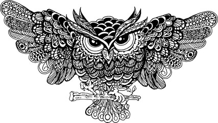 Naklejka premium Patterned owl on the grunge background. African / indian / totem / tattoo design. It may be used for design of a t-shirt, bag, postcard, a poster and so on.