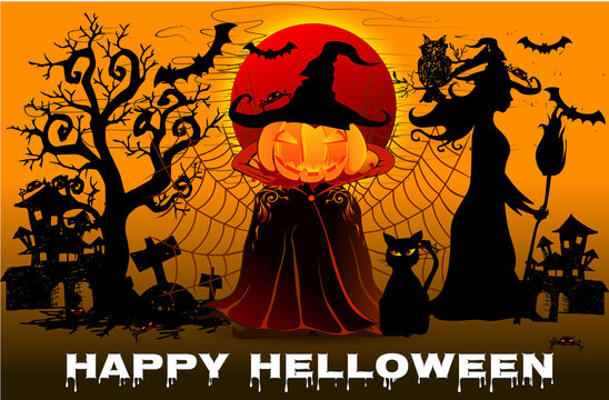 Halloween Background. Vector Halloween orange background with many flying bats, old house, moon, trees