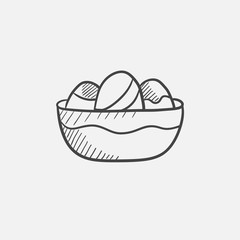 Bowl full of easter eggs sketch icon.