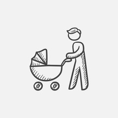 Man walking with baby stroller sketch icon.