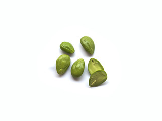 Stink bean (Parkia speciosa Hassk.) or sa-tor Native vegetation in the south of Thailand on white background isolated