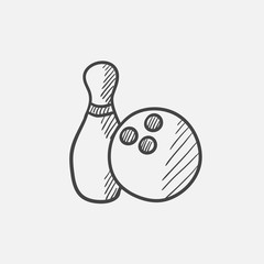 Bowling ball and skittle sketch icon.
