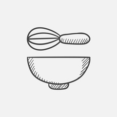 Whisk and bowl sketch icon.