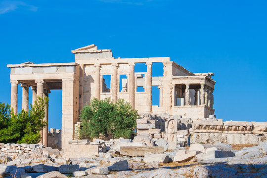 The beautiful Erechtheion in Acropolis of Athens, Greece.