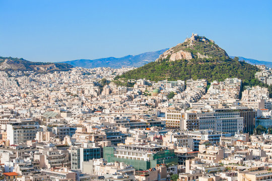 Beautiful view at Mount Lycabettus and the city of Athens, Greece.