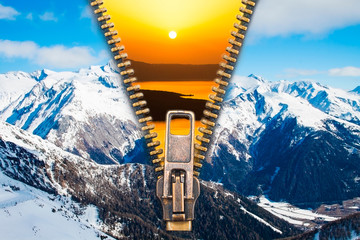 Time for change! - Abstract image of the change concept with summer sunset and winter dawn 

landscapes split by an open zip.