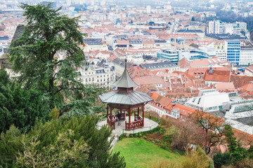 Cityscape view of Graz, Austria from Schlossberg hill.
