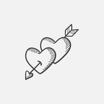 Two hearts pierced with arrow sketch icon.
