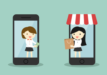 Business concept, Business woman buy something via smartphone, online shopping concept. Vector illustration.