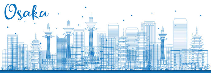 Outline Osaka Skyline with Blue Buildings.