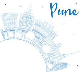 Outline Pune Skyline with Blue Buildings and Copy Space.