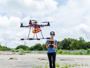 Woman remote the flying drone at outdoor