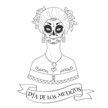 Sugar skull woman. Dia de los Muertos (the Day of the Dead) template for posters, cards etc.