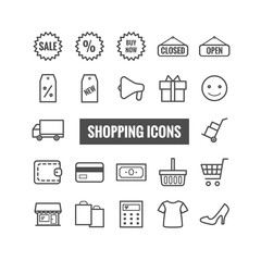 Collection of outline shopping icons. Thin icons for web, print, mobile apps design