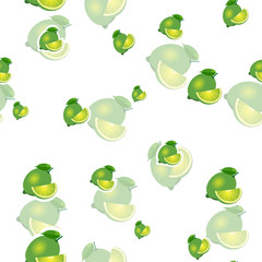 Pattern. lime and leaves different sizes on white background. Transparency lime.
