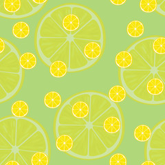 Vector illustration of lemon slices in same sizes on lime. Pattern.