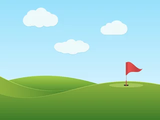 Tableaux ronds sur aluminium brossé Golf Golf course with hole and red flag. 