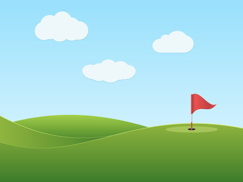 Golf course with hole and red flag. 