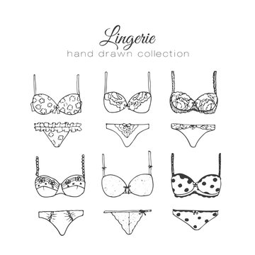 Vector lingerie set. Sexy underwear design. Outline hand drawn illustration. Bras and panties doodle.