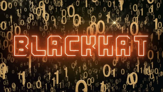 Seamless looping animation with the word Blackhat composed into falling golden binary code