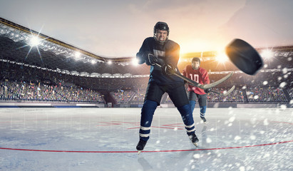 Hockey match at rink  . Mixed media